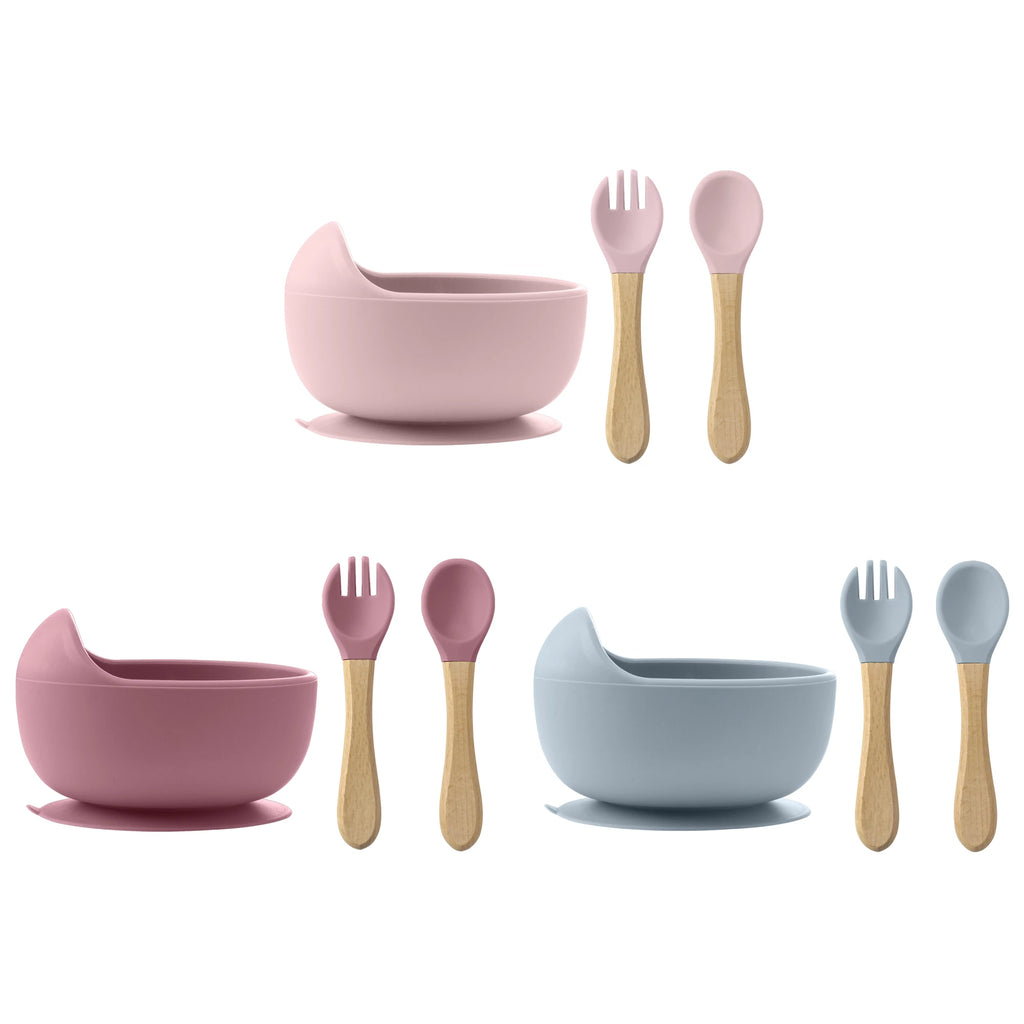 Set Vaisselle Bébé Silicone 3 Pièces — Bol, Cuillère & Fourchette en Bois