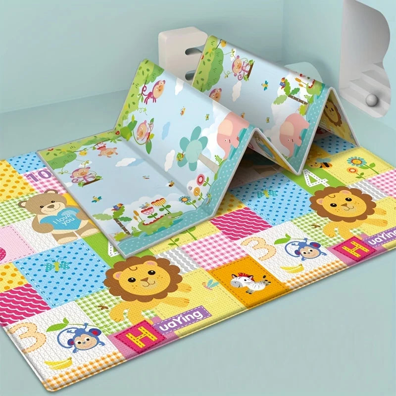 Baby Play Mat Double Sided Foldable Cartoon Pattern Crawling Mat Waterproof Non Slip Indoor Educational Activity Foam Flooring