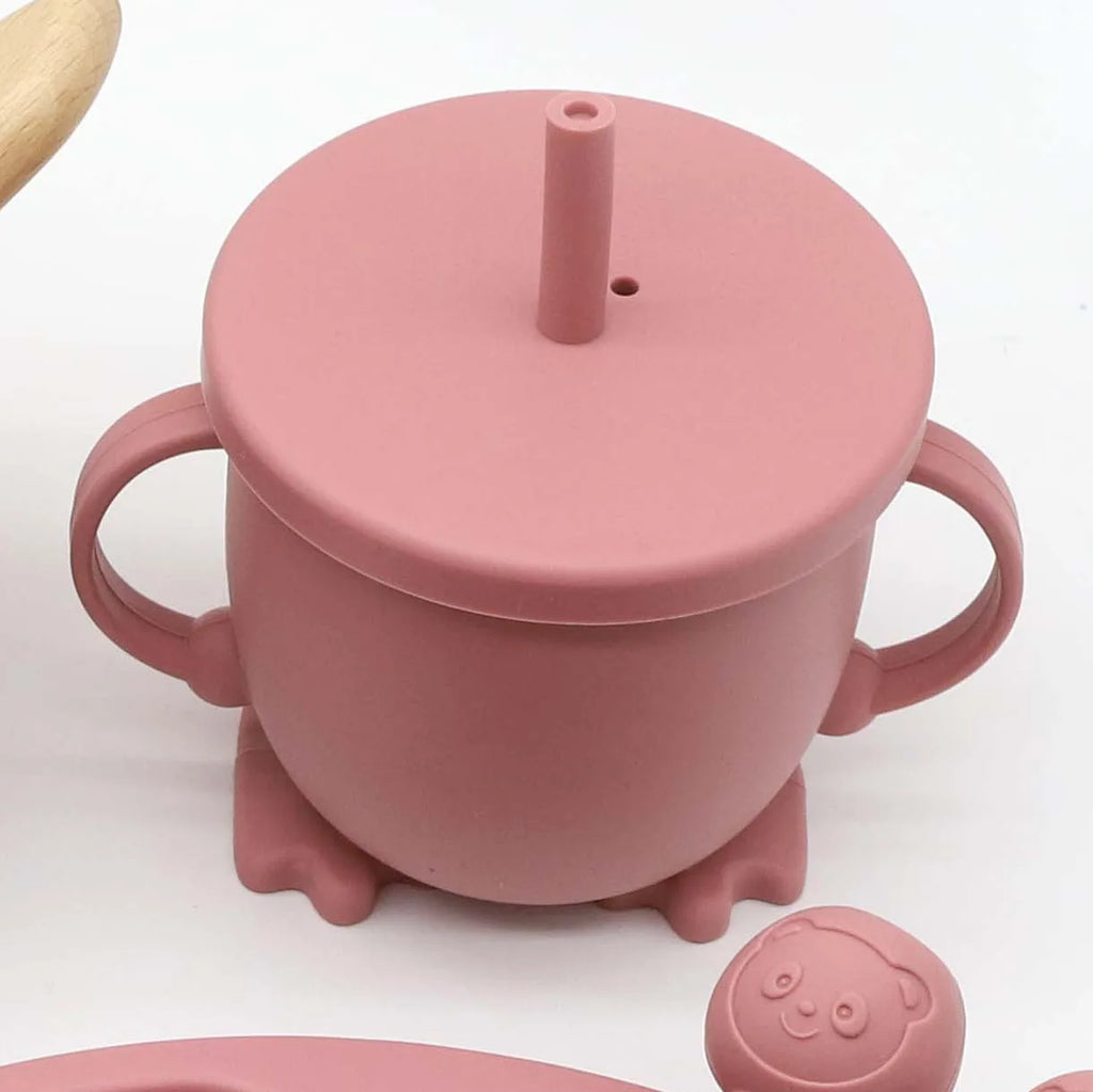 Set Vaisselle Bébé Silicone 8 Pièces — Bavoir, Bol, Assiette, Tasse & Couverts