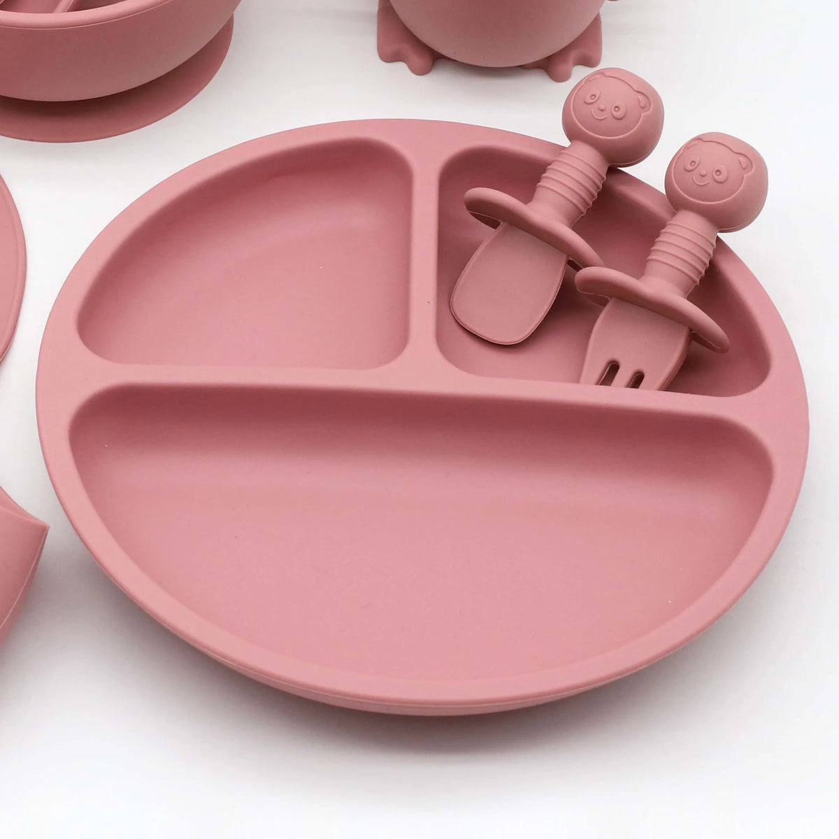 Set Vaisselle Bébé Silicone 8 Pièces — Bavoir, Bol, Assiette, Tasse & Couverts