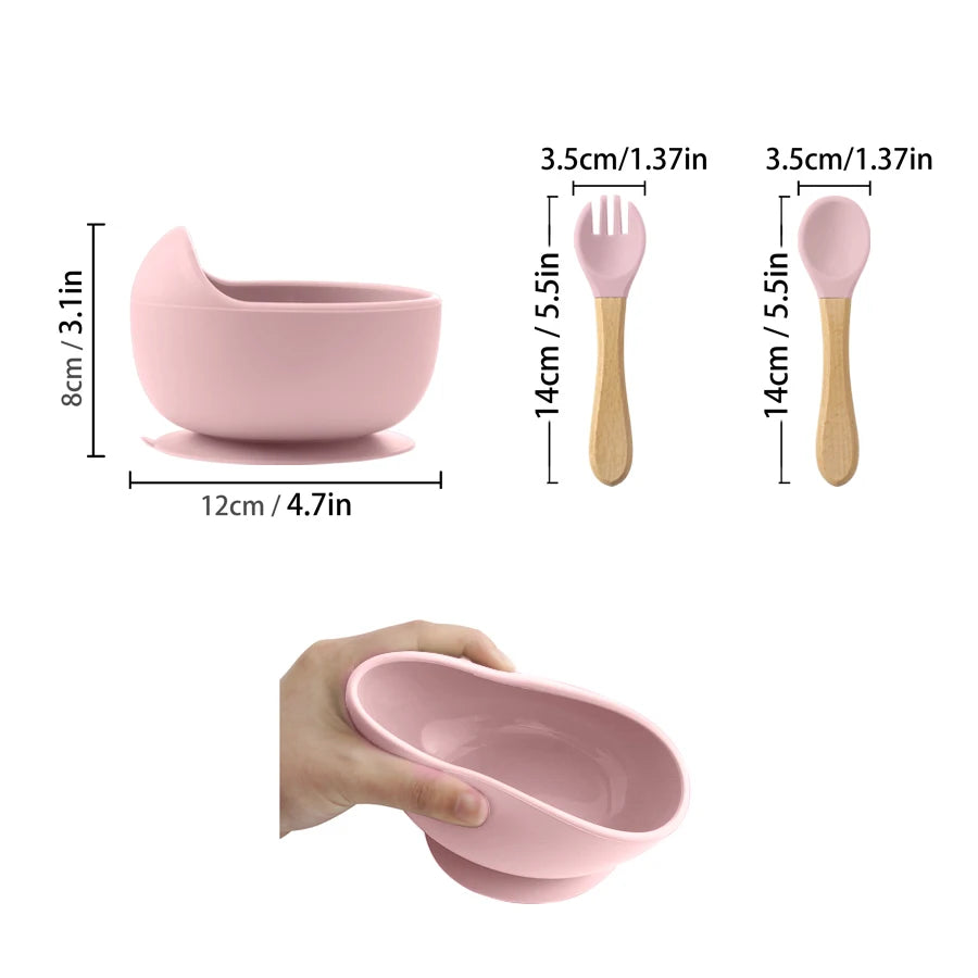 Set Vaisselle Bébé Silicone 3 Pièces — Bol, Cuillère & Fourchette en Bois