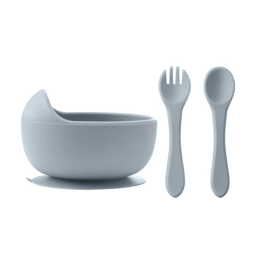 Set Vaisselle Bébé Silicone 3 Pièces — Bol, Cuillère & Fourchette en Bois