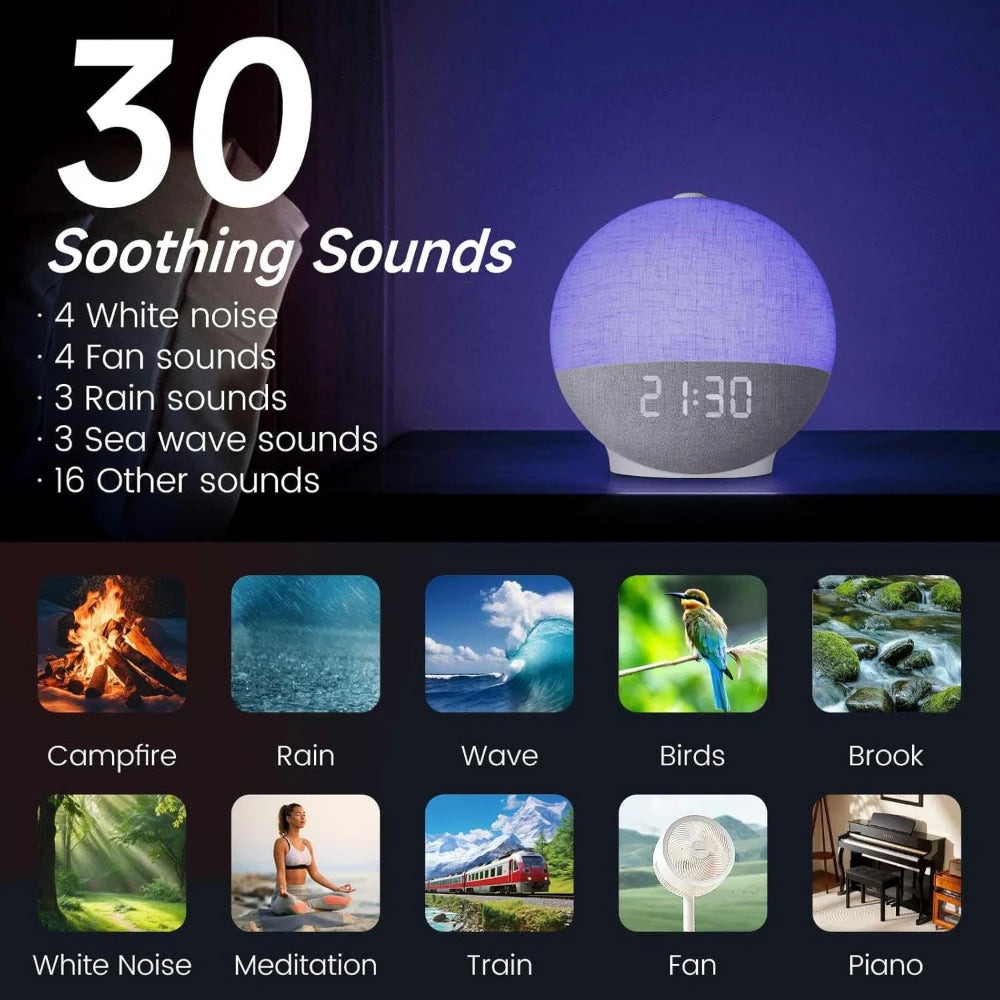 Réveil Lumineux Simulation Lever de Soleil — Bruit Blanc, Bluetooth & Veilleuse