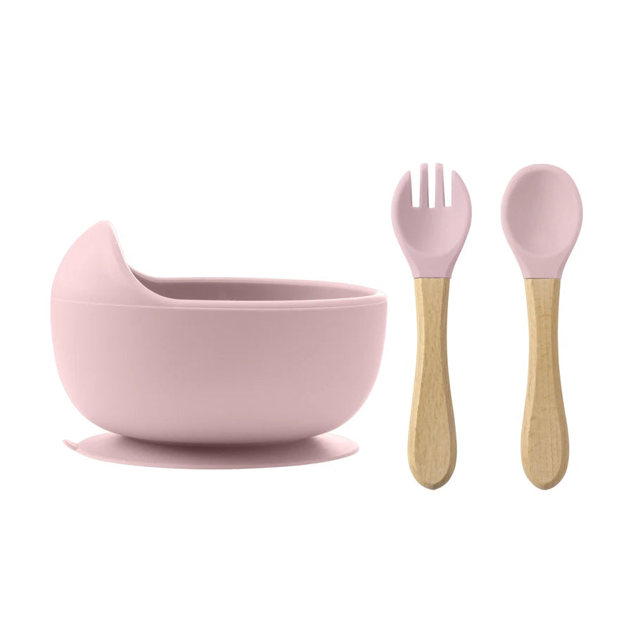Set Vaisselle Bébé Silicone 3 Pièces — Bol, Cuillère & Fourchette en Bois