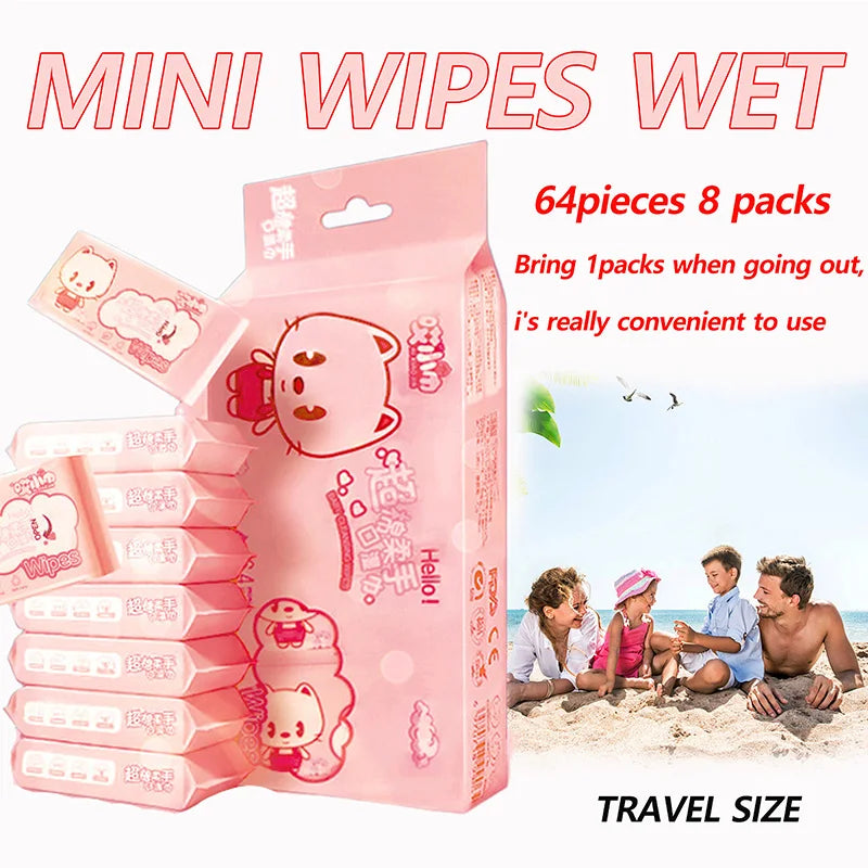 Lingettes Mini Portables 64 Pièces — Mains & Bouche pour Enfants & Bébé