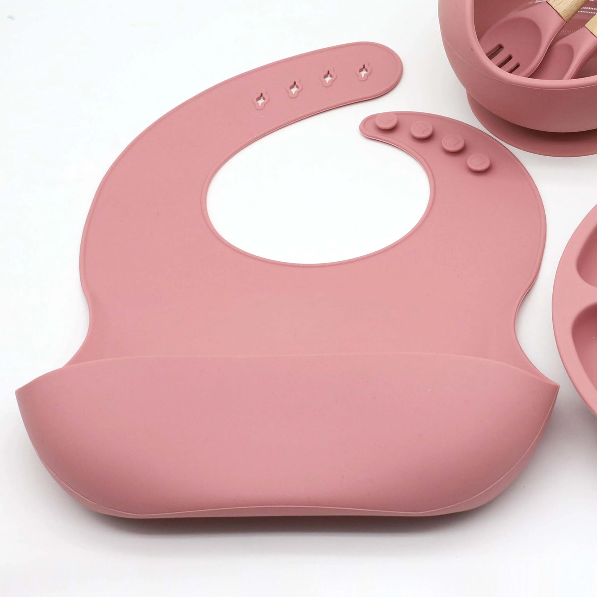 Set Vaisselle Bébé Silicone 8 Pièces — Bavoir, Bol, Assiette, Tasse & Couverts