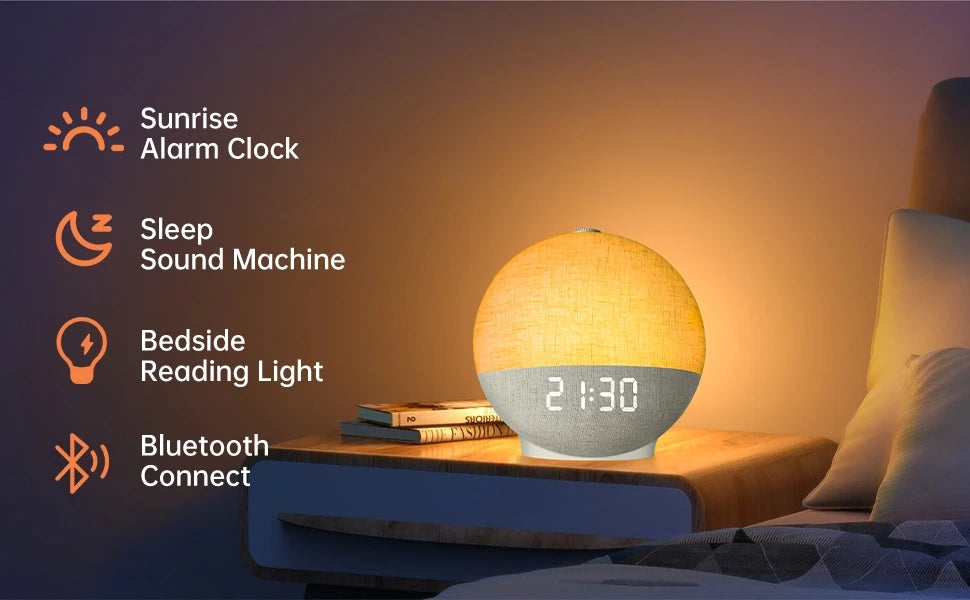 Réveil Lumineux Simulation Lever de Soleil — Bruit Blanc, Bluetooth & Veilleuse