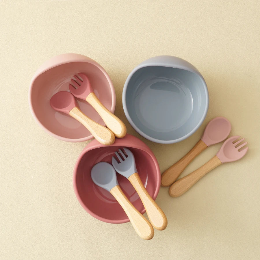 Set Vaisselle Bébé Silicone 3 Pièces — Bol, Cuillère & Fourchette en Bois
