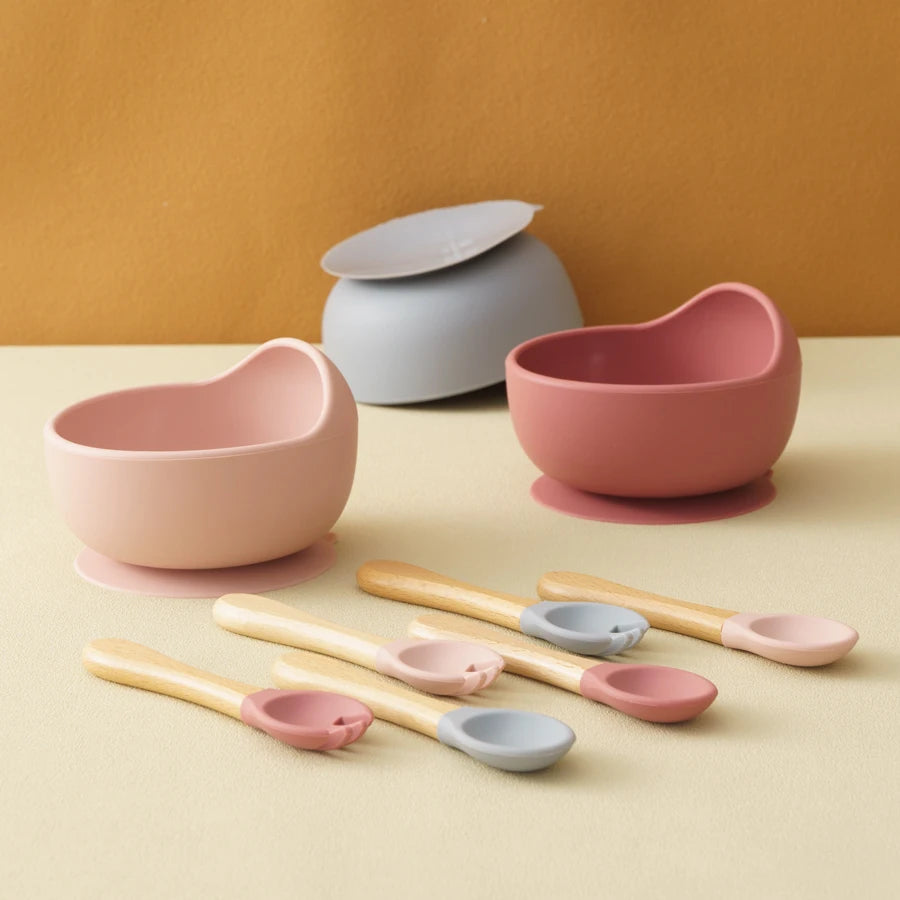 Set Vaisselle Bébé Silicone 3 Pièces — Bol, Cuillère & Fourchette en Bois