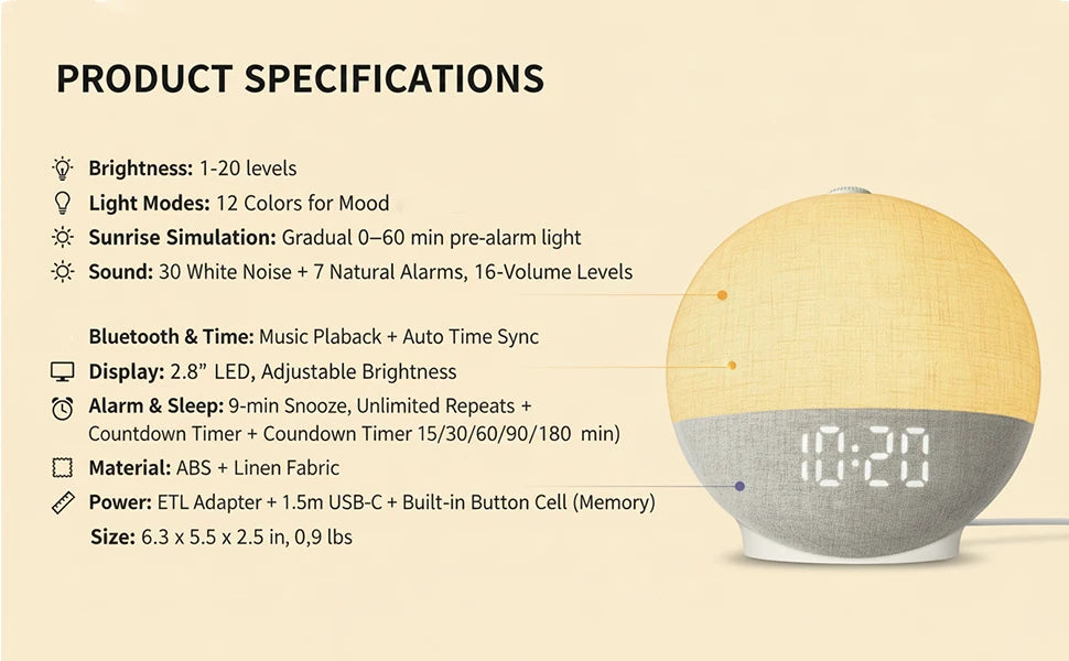 Réveil Lumineux Simulation Lever de Soleil — Bruit Blanc, Bluetooth & Veilleuse