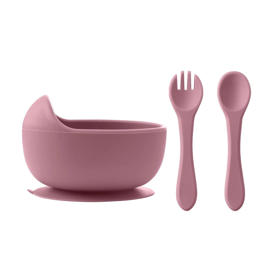 Set Vaisselle Bébé Silicone 3 Pièces — Bol, Cuillère & Fourchette en Bois