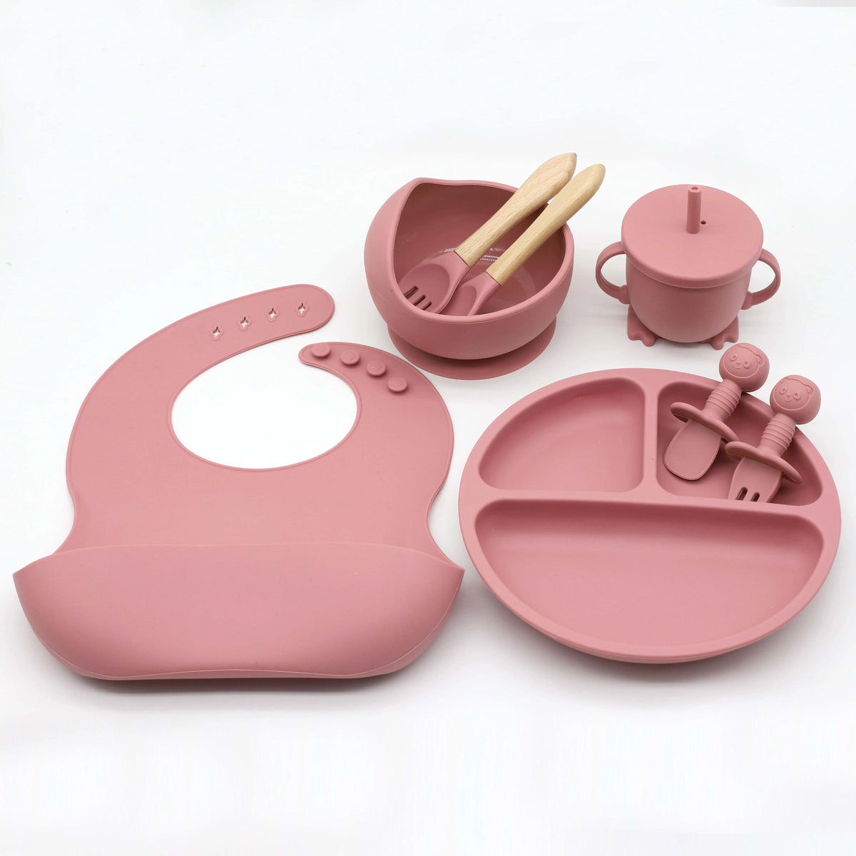Set Vaisselle Bébé Silicone 8 Pièces — Bavoir, Bol, Assiette, Tasse & Couverts