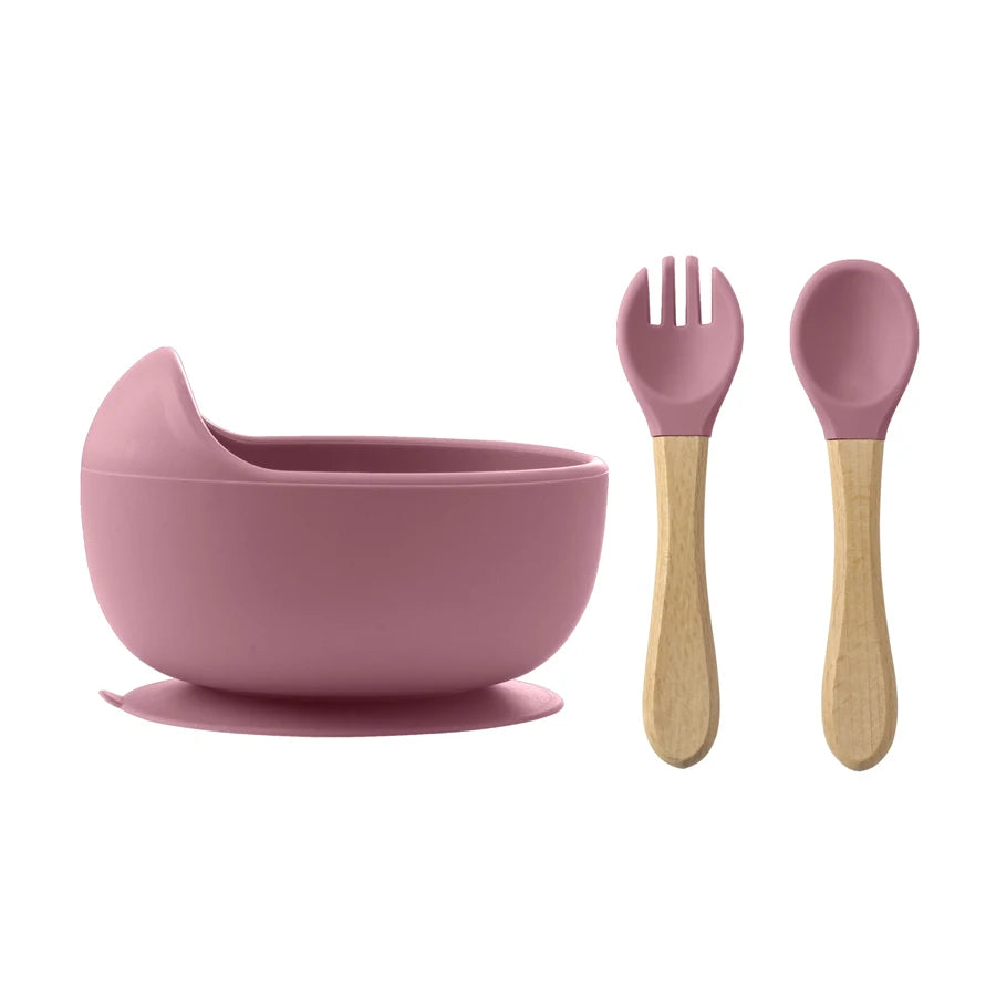 Set Vaisselle Bébé Silicone 3 Pièces — Bol, Cuillère & Fourchette en Bois