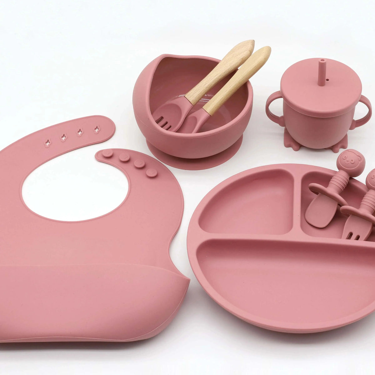 Set Vaisselle Bébé Silicone 8 Pièces — Bavoir, Bol, Assiette, Tasse & Couverts