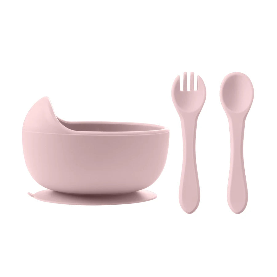 Set Vaisselle Bébé Silicone 3 Pièces — Bol, Cuillère & Fourchette en Bois