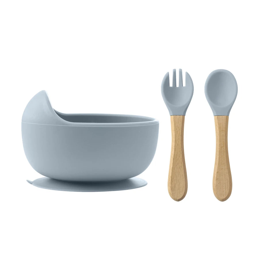 Set Vaisselle Bébé Silicone 3 Pièces — Bol, Cuillère & Fourchette en Bois